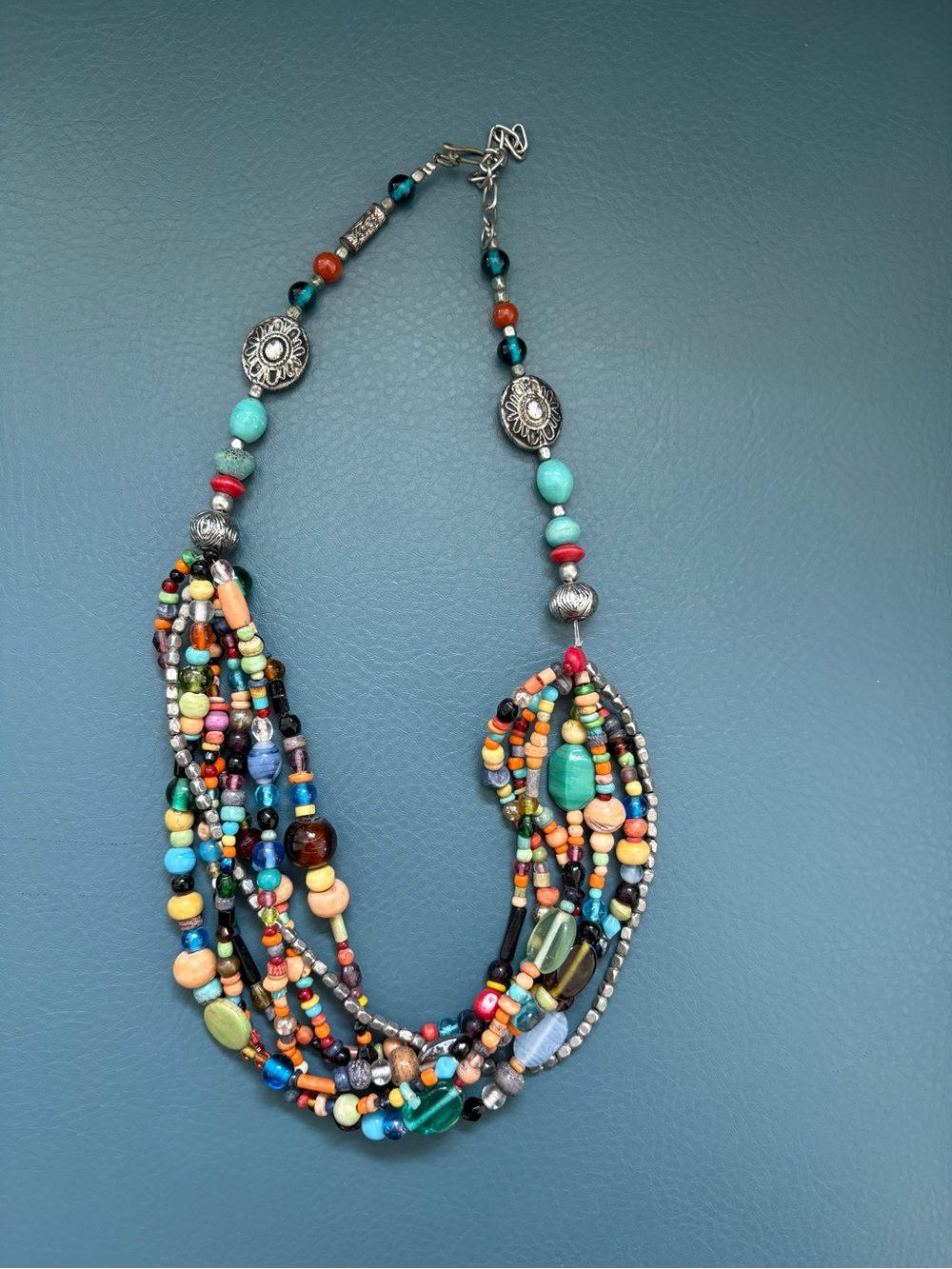 Artisan Hand-Crafted Multi-Strand Statement Necklace Mixed Glass & Stone
